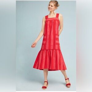 Anthropologie Maeve   Tonal Red Striped Sleeveless Midi Dress size small